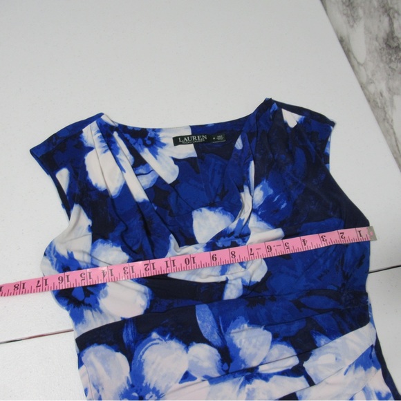 Lauren Ralph Lauren Floral Cowl Neck Sleeveless Sheath Dress Blue White Size 8 - Picture 10 of 16